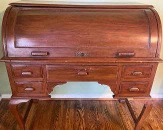 Antique Roll Top Desk Solid Wood With Drawers Queen Anne Legs