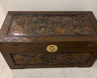 Large Carved Asian Storage Trunk Relief Panels Brass Hardware
