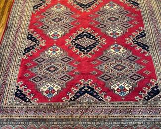 Large Red Oriental Style Wool Area Rug With Geometric Pattern