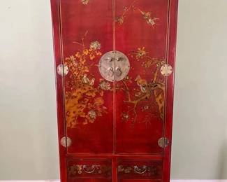 Red Asian Lacquer Style Cabinet With HandPainted Floral Motif