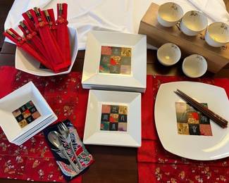 Asian Dinnerware Table Setting Chopsticks, Porcelain Bowls Serving Plates