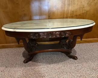 Oval Marble Top Carved Wood Parlor Sofa Table