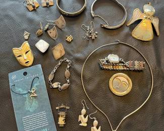 Vintage  Costume Jewelry Lot  Bracelets, Earrings, Pendants  Watch with Some Sterling Pieces