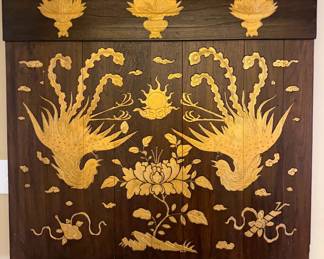 Wood Carved Asian Wall Panel With Phoenix Floral Motif