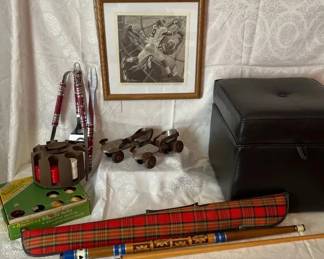 Vintage Sports Game Collection Roller Skates, Pool Cue Framed Print