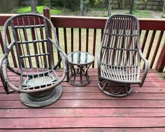 3Piece Bentwood Rattan Swivel Chair Set With Glass Top Side Table