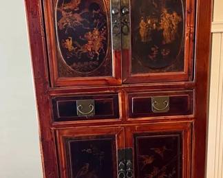 Asian Storage Cabinet HandPainted Panels Brass Hardware