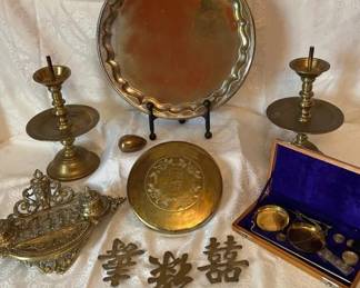 Vintage Brass Collection Candlesticks, Trays Decorative Accents