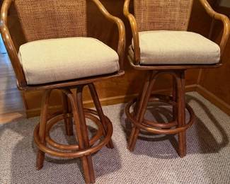 Pair of Swivel Bar Stools With Rattan Backs Upholstered Seats