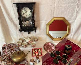Asian Decor Collection With Wall Clock, Tea Set, Mirror Brass Teapot