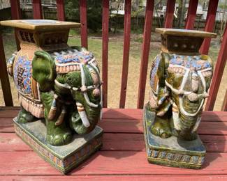 Pair of Decorative Asian Elephant Garden Stools Pedestals Hand Painted