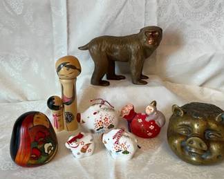 Whimsical Brass Iron Decor Pig, Monkey Folk Accents