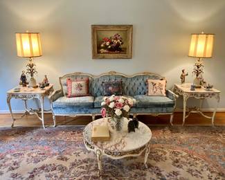 French provincial sofa with powder blue crushed velvet upholstery 