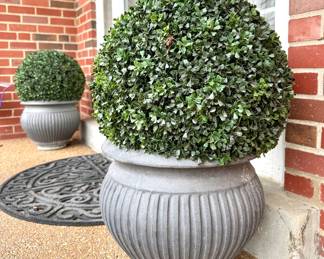 SOLD (each) - faux Boxwood ball (2 available); $14 (each) - Planters (2 available)