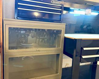 SOLD- Kobalt 3-drawer tool chest- top), (SOLD- Globe Wernicke Steel Barrister Bookcase- you move- bottom)