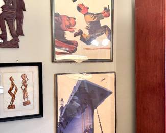 $20 (each)- Wood carvings of men (2 available); SOLD- Vintage Guinness Poster; SOLD - Vintage Guinness Poster; $48 - Drawing of African Statues - 12.5x15