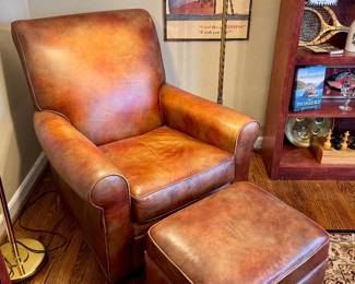 SOLD - Leather chair with ottoman by Wayne Phillips - chair 34x36x38; ottoman 21x17x16