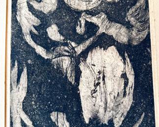 $200 - Potentially mid-20th century abstract intaglio etching or lithograph signed by artist- art 9x15; mat 16x22