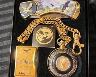 Ted Blaylock collectible pocket watch, knife, money clip set
