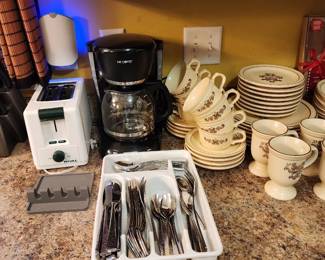 Vintage Pfaltzgraff dishes, coffee maker, toaster, knife set in block, quality silverware