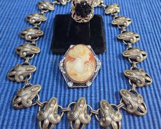 Sterling cameo and ring, deco silverplate necklace