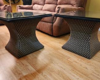 Pair of fabric base end tables, glass tops