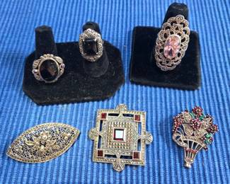 Sterling and marcasite rings and brooches