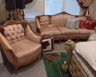 Peachy Pink Couch and Chair Solid Wood French Provential