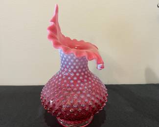 R53 - $30. Vintage Fenton Cranberry Hobnail Jack-in-the-Pulpit Vase. Measures 8.5" tall.