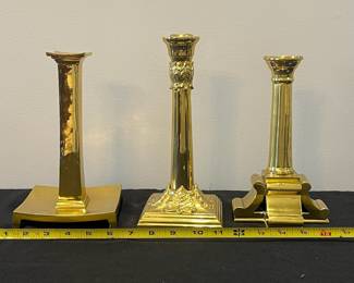 R19 - $65. Set of 3, Ethan Allen, Brass Candlesticks. 8.75" - 10.75" tall. 