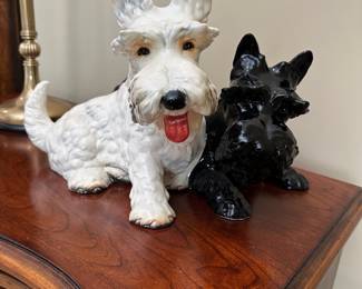 R48 - $50. Large White & Black Scottie Dog by Goebel #30 025 24. Has one chip on the bottom of the front paw of the black dog. You can't see it unless you flip it over. 16" long x 10" wide x 9" tall. 