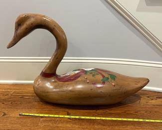 R79 - $150. Wooden Folk Art Goose. Hand painted and Signed "Anne Mondejar". Measures 30" long x 19" tall. 