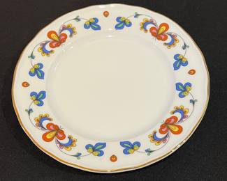 R123 - $450.  "Farmers Rose" China. Porsgrund Norway. 1997. Scalloped, Gold Trim. Includes: 12 Cake Plates - 8.5", 12 Cups, 12 Saucers- 5.5", 1 Cream and Sugar, 1 Coffee Pot, 1 Soup Tureen 