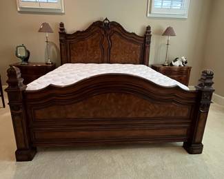 R98 - $750. King Size Bed Frame (maybe Ethan Allen) Measures 87" wide x 94" long x 72" tall. Includes mattress & boxspring if you'd like them! Wear on the footboard knobs. 