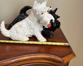 R48 - $50. Large White & Black Scottie Dog by Goebel #30 025 24. Has one chip on the bottom of the front paw of the black dog. You can't see it unless you flip it over. 16" long x 10" wide x 9" tall. 