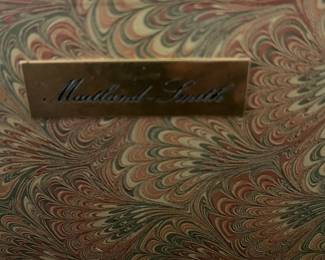 R94 - $475. Maitland Smith Book Side Table. Very good condition! Measures 16" x 18" x 19" tall. Top opens and Drawer slides out near the bottom. 