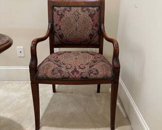 R26 - $95. Small Game Table / Side Table with 2 Ethan Allen Arm Chairs. Table has heavy iron base. Measures 30" wide x 27.5" tall. 
