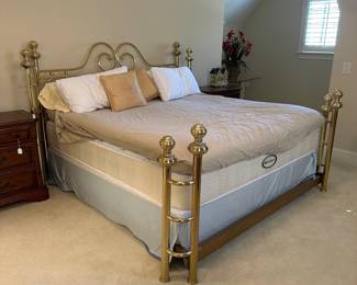R15 - $550. Wesley Allen King Size Brass Bed. Measures 86" wide x 88" long x 56" tall. Mattress & Boxspring included if you want them!
