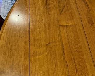 R114 - $450. Ethan Allen Table & Chairs. Measures 56" round x 30" tall. Has 1 leaf that adds 20". Table is very sturdy and in very good condition. Chairs have been heavily used and need reupholstered / tightened up. 