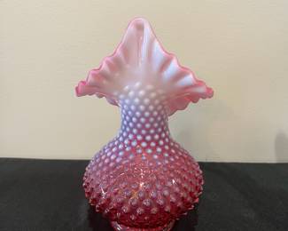 R53 - $30. Vintage Fenton Cranberry Hobnail Jack-in-the-Pulpit Vase. Measures 8.5" tall.