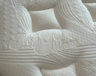 R98 - $750. King Size Bed Frame (maybe Ethan Allen) Measures 87" wide x 94" long x 72" tall. Includes mattress & boxspring if you'd like them! Wear on the footboard knobs. 