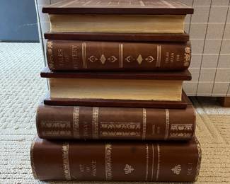 R94 - $475. Maitland Smith Book Side Table. Very good condition! Measures 16" x 18" x 19" tall. Top opens and Drawer slides out near the bottom. 