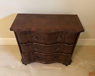 R23 - $75. Single Curved Front Nightstand / Side Table. Measures 32.5" x 16" x 29" tall. Solid wood drawers. A few minor marks in the veneer / wood but overall very good. 