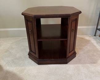 R31 - $45. Wooden End Table - Solid Cherry by Harden. Measures 25" x 23.5" tall.  There is a split in the wood on the bottom that does not effect function or stability!