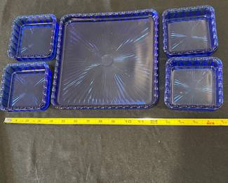 R72 - $25. Vintage Cobalt Glass Sunburst Relish/ Snack Set. 
