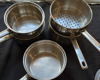 R92 - $50. Set of Belgique Pots. 2qt Double Broiler, 2qt Pot w/lid, Larger Steamer(size unknown)