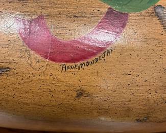 R79 - $150. Wooden Folk Art Goose. Hand painted and Signed "Anne Mondejar". Measures 30" long x 19" tall. 