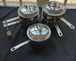 R92 - $50. Set of Belgique Pots. 2qt Double Broiler, 2qt Pot w/lid, Larger Steamer(size unknown)