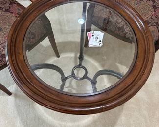R26 - $95. Small Game Table / Side Table with 2 Ethan Allen Arm Chairs. Table has heavy iron base. Measures 30" wide x 27.5" tall. 