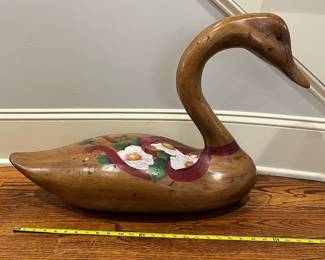 R79 - $150. Wooden Folk Art Goose. Hand painted and Signed "Anne Mondejar". Measures 30" long x 19" tall. 